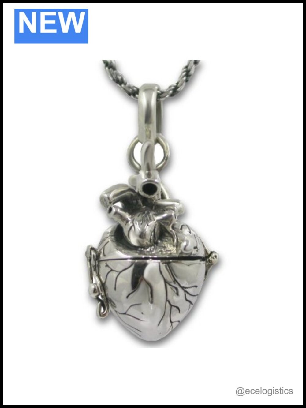 Pearlina Anatomical Heart Necklace Solid Sterling Silver 3D Antique Finish